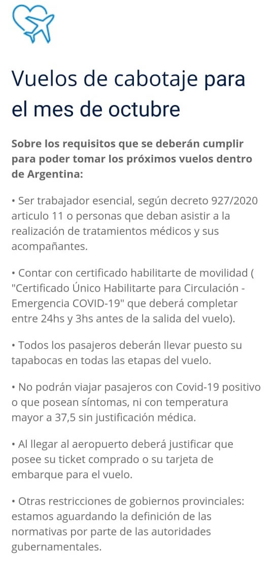 Aerolíneas Argentinas requisitos generales para el embarque