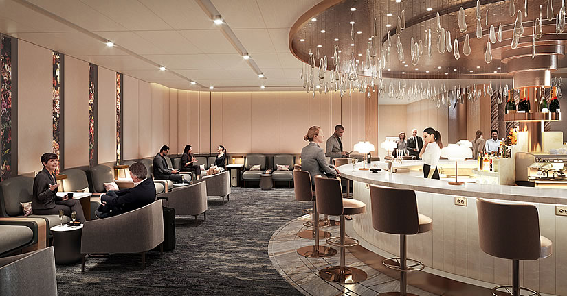 Un bar de champán de alta gama define la entrada al salón más exclusivo de American and British Airways.