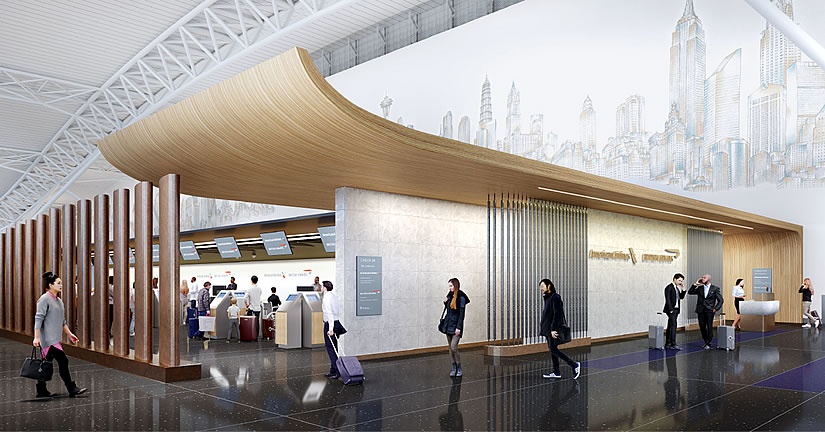 Las características arquitectónicas definirán, guiarán y dirigirán a los clientes hacia un área de check-in premium conjunta ampliada en el nivel de emisión de boletos de la Terminal 8 de JFK.