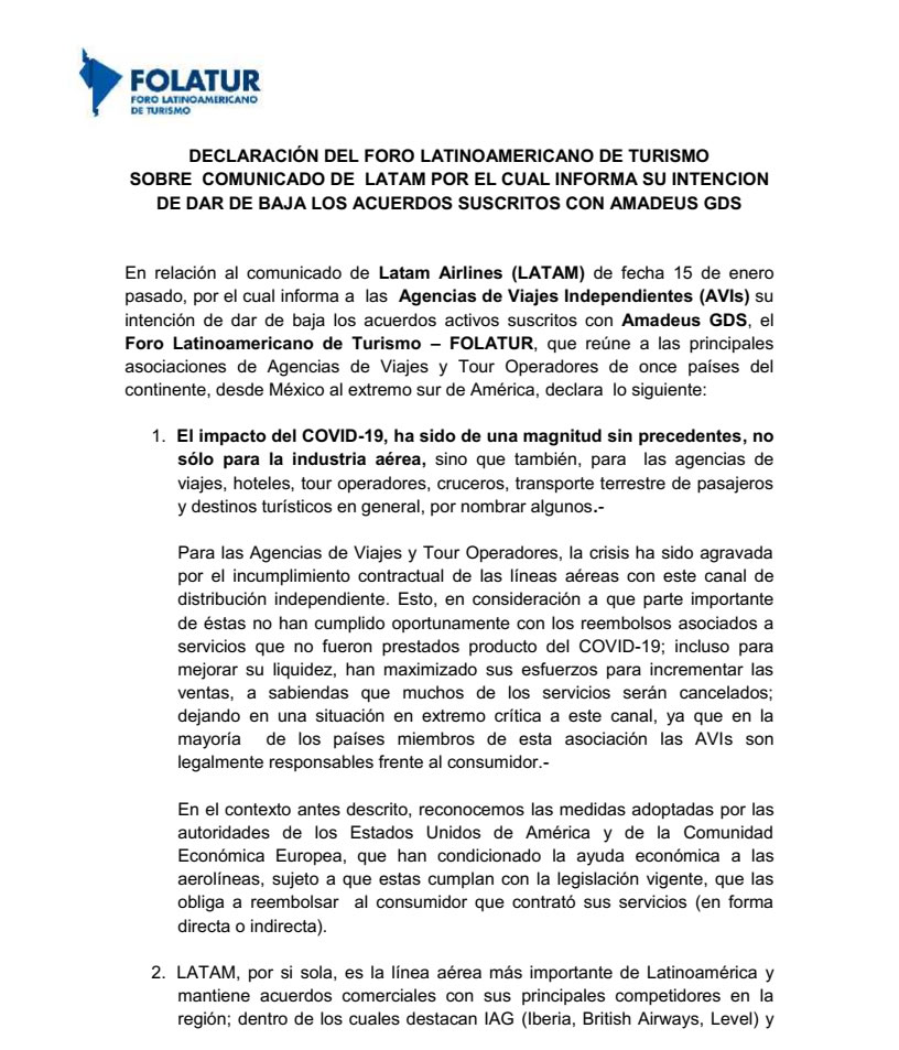 Declaración de FORLATUR sobre LATAM y los acuerdos con AMADEUS
